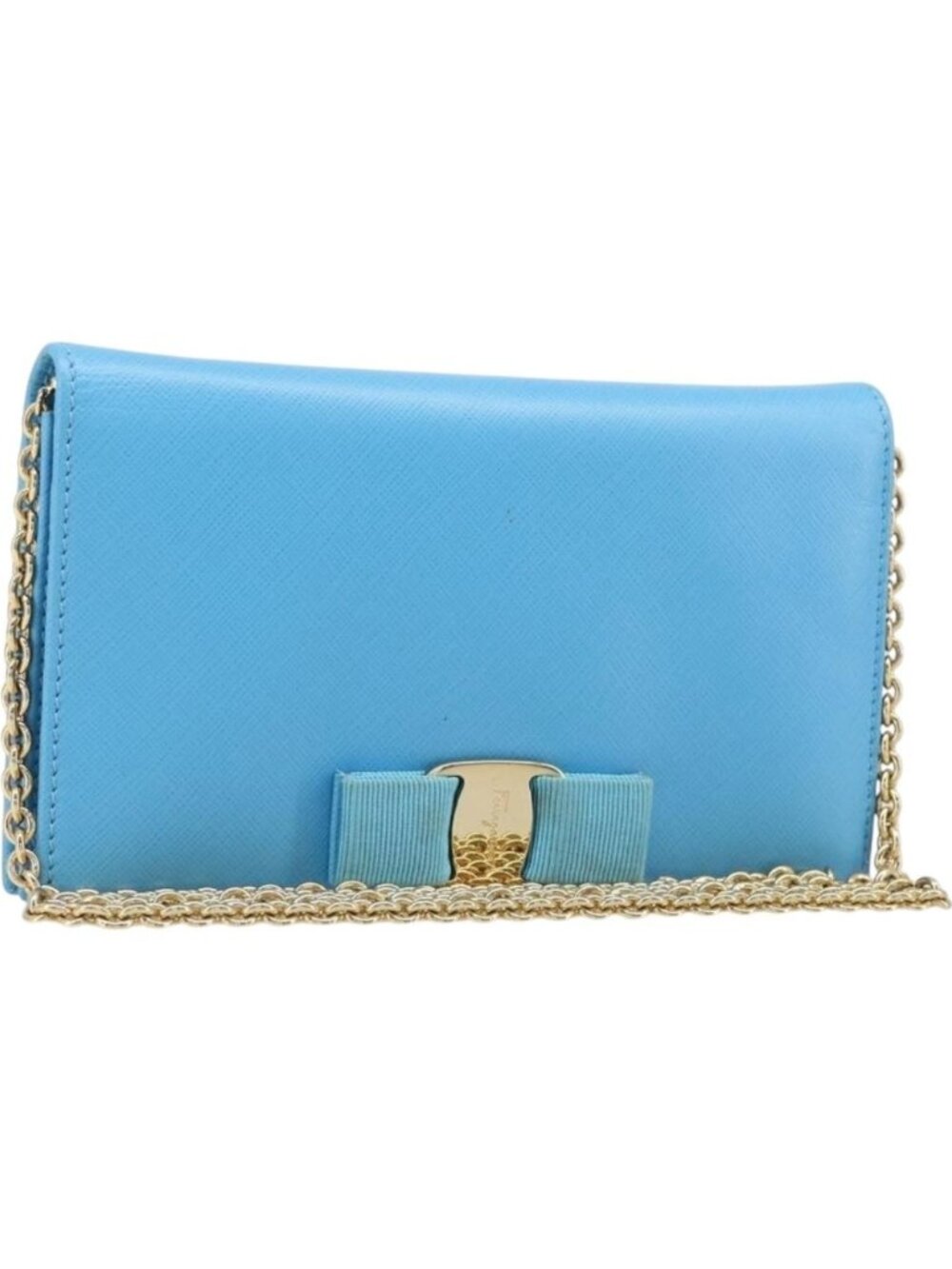 Salvatore Ferragamo Vala Chain Shoulder Wallet Leather Blue Gold